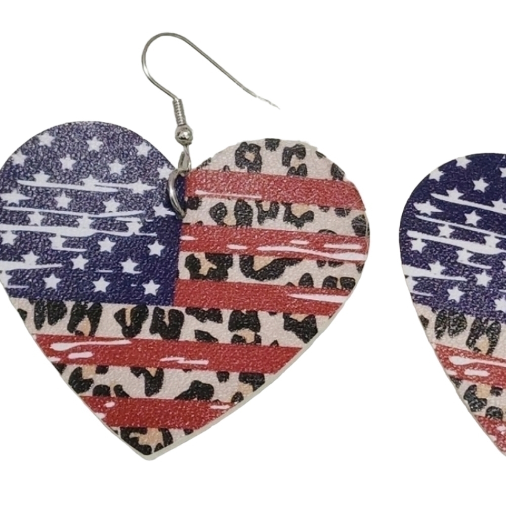 AMERICAN Flag Heart Earrings, Patriotic Earrings, Cheetah Print